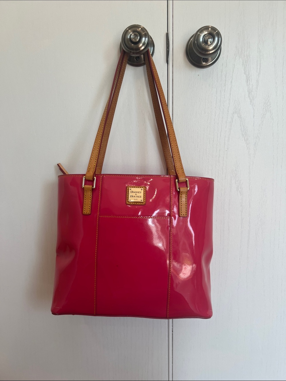 Dooney & Bourke Pink Patent Leather Tote with Tan Straps